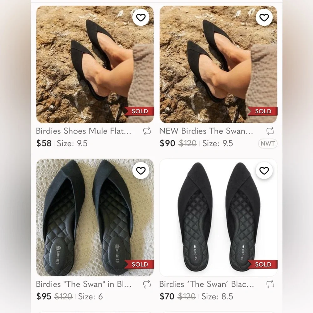 Birdies “The Swan” Black‎ Suede Mules Slippers Pointed Flats Shoes Womens 8